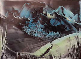 Encaustic, schwarze Malkarte, Berlandschaft, blau